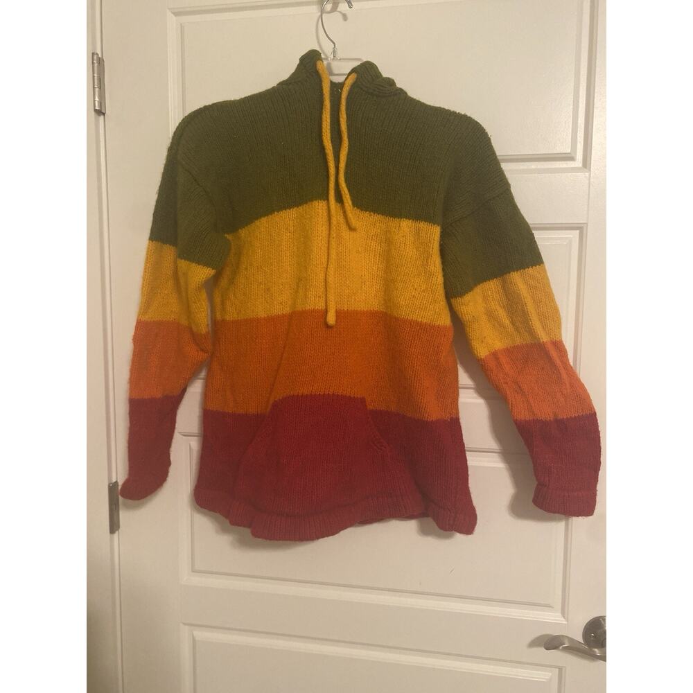 VTG Wool Hooded Sweater Made In Ecuador Rainbow Striped Heavy Sz M Boho Hippie